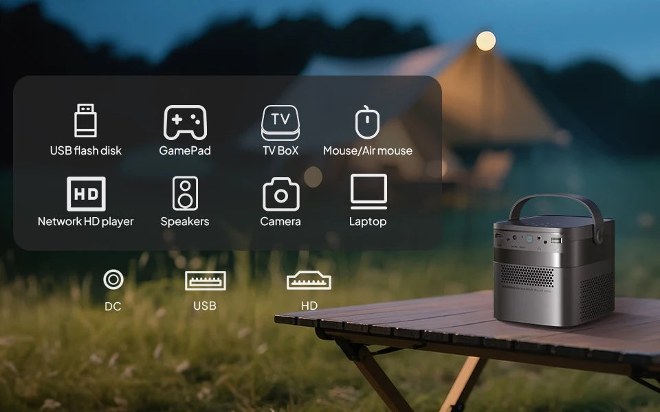 VEVSHAO V50 400ANSI DLP Projector Airplay Miracast 15000mAh Battery Android 9.0 TOF Focus 3D Portable Outdoor Movie Projector