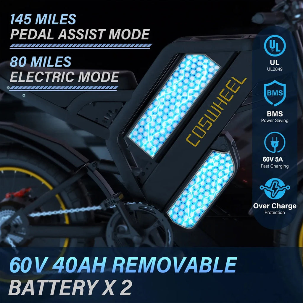Electric bike for Adults, Dual Battery, Peak 2000W 60V,  40Ah,REMOVABLE BATTERYX2 off-road Mountain E-Bike, Electric Bicycle
