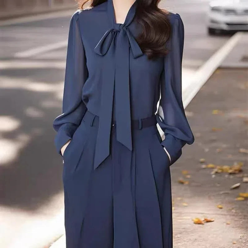 Temperament Bow Lacing Loose Blouse Women Clothing Spring New Thin Long Sleeve Solid Elegant Shirt Tops Fashion Vintage Trend