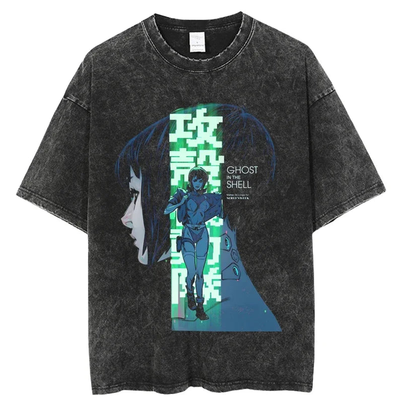 2024 Anime Ghost in the Shell Washed T-shirts Mens Clothing Graphic Manga Harajuku Tees Unisex Summer Top Male Streetwear