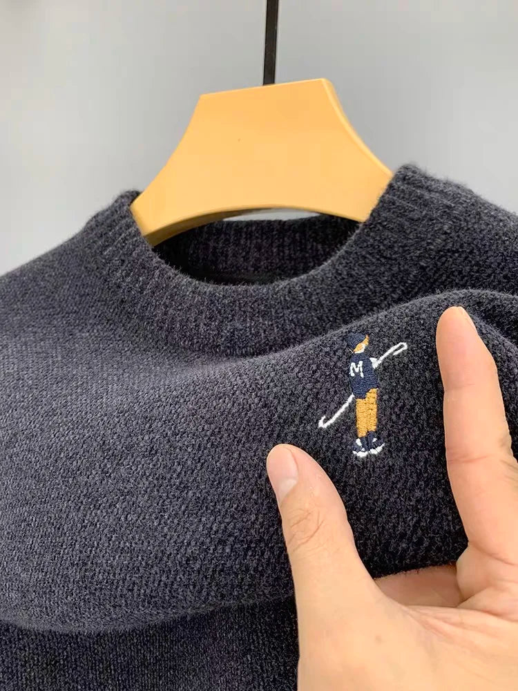 High quality men's round neck knitted sweater autumn winter new Korean style fashion cartoon embroidery thick casual pullover
