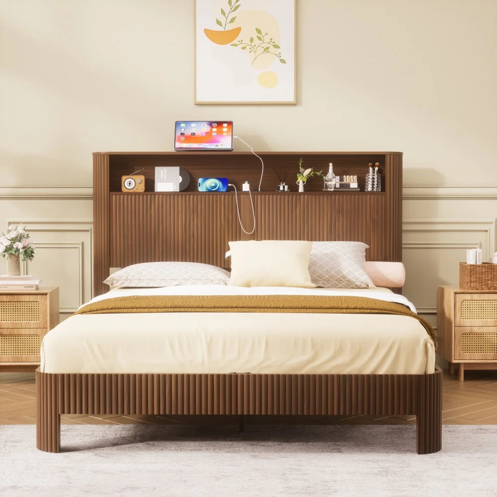 Queen-size slatted bed frame with storage, built-in charging ports, wave-shaped design, and metal support structure, Walnut