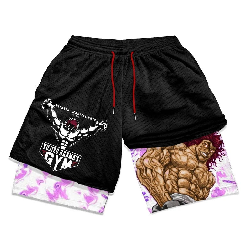 Anime Baki Hanma Gym Workout Shorts for Men Athletic Quick Dry 2 in 1 Compression Shorts Cosplay Costume