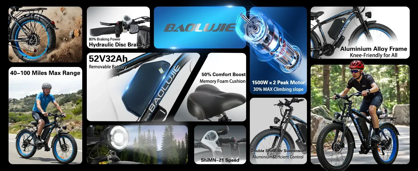 BAOLUJIE 2602 Electric Bicycle for Adults Peak 5000W Dual-Motor E-bike 26*4 Inch Fat Tire 38MPH Electric Bike【1 Year Warranty】