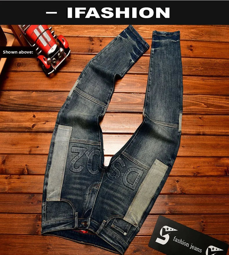Fashionable high-end jeans for men, slim fit, small feet, washed retro patchwork design, trendy and luxurious men's pants