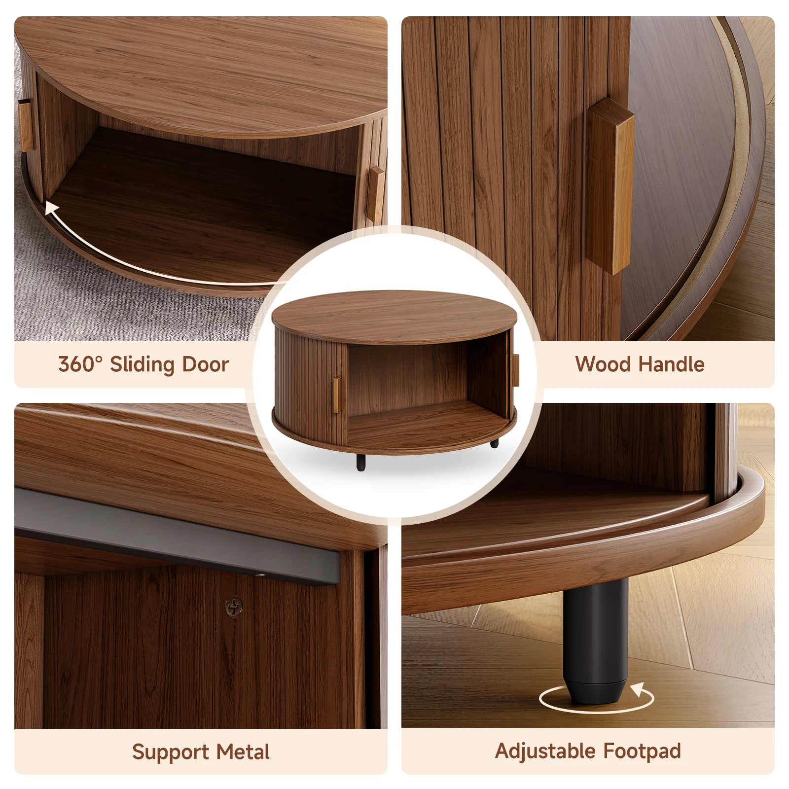 Round Coffee Table with Storage,31.5" Modern Coffee Table with 360° Curved Sliding Door,Fluted Wood Accent Coffee Tablee