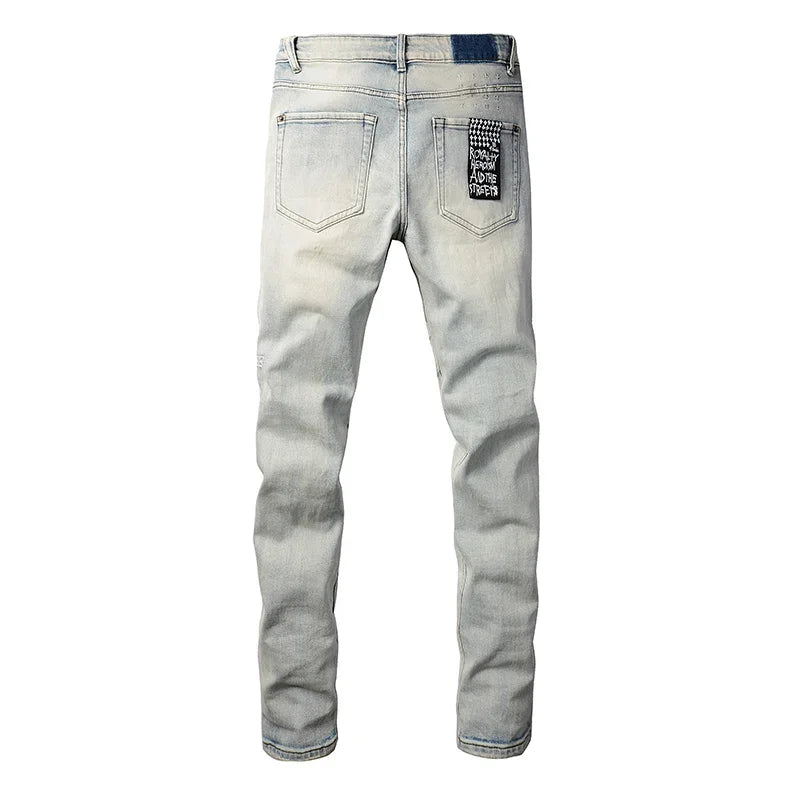 Men's High Street KSUBI Distressed Faded Blue Stretch Skinny Pattern Printing High Quality Button Fly Ripped Jeans Pants