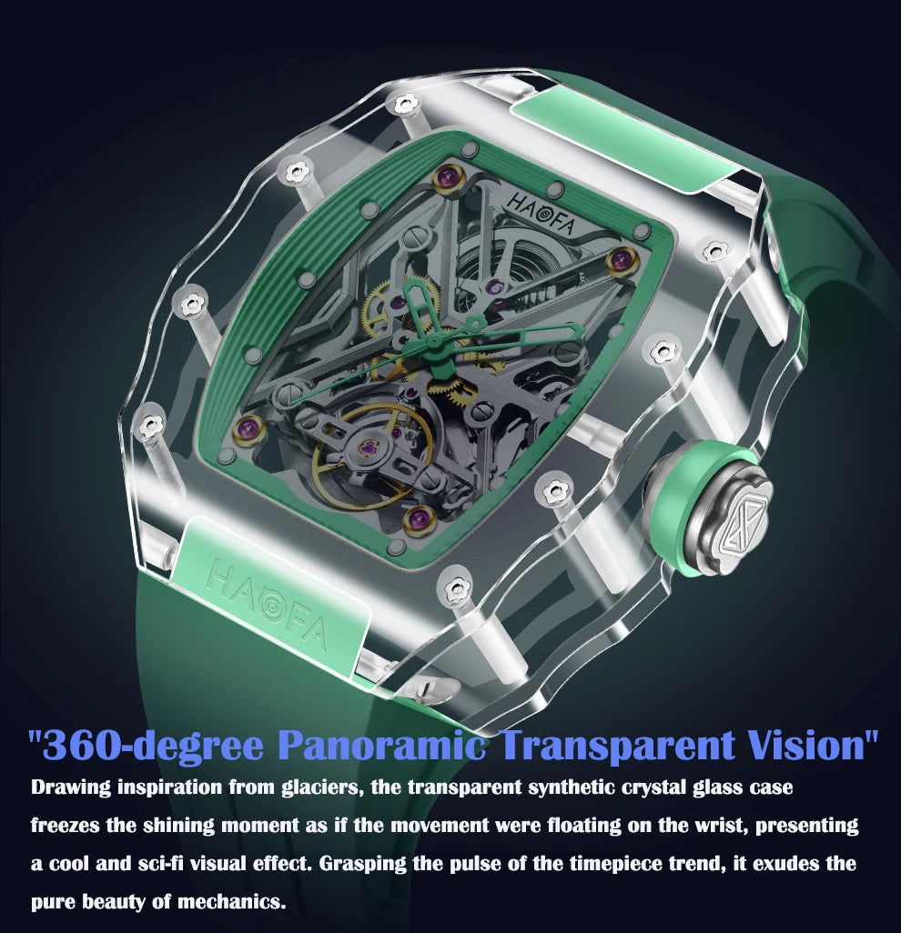 Haofa Transparent Crystal Glass Case Men's Watch Fully Automatic Mechanical Movement Luminous Fashion Watches For Man 2202