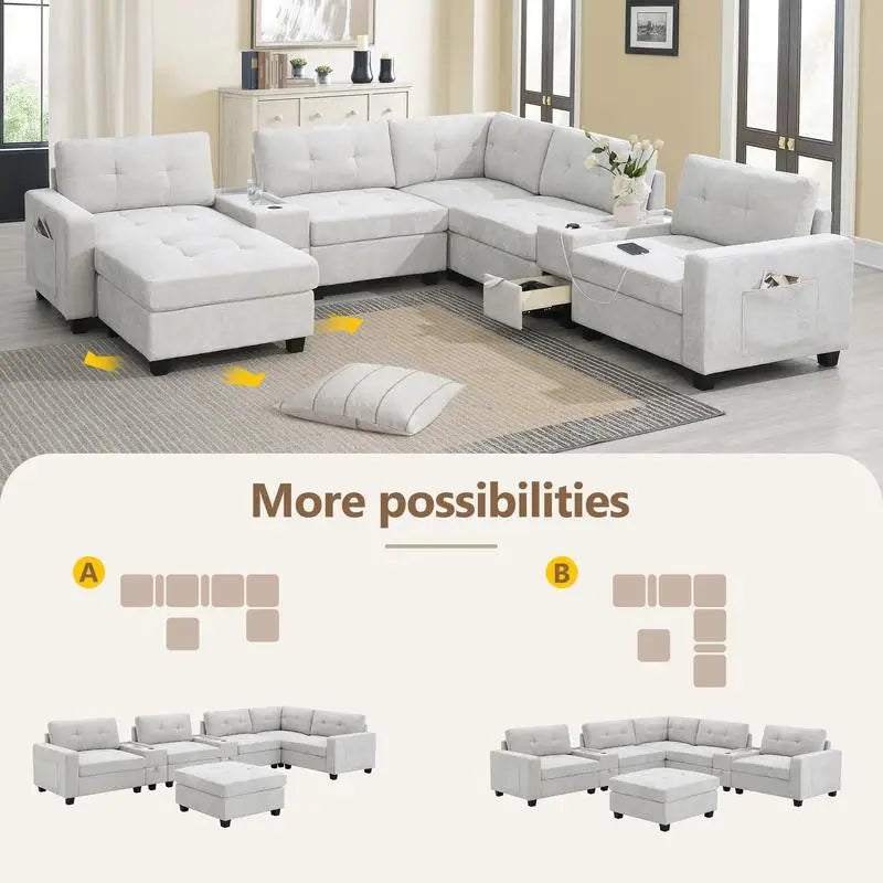104" Sectional Sofa with Acrylic Tabletop, Chenille U-Shaped Couch Set, 2 Consoles, USB Charger, Storage Drawers, Pockets,