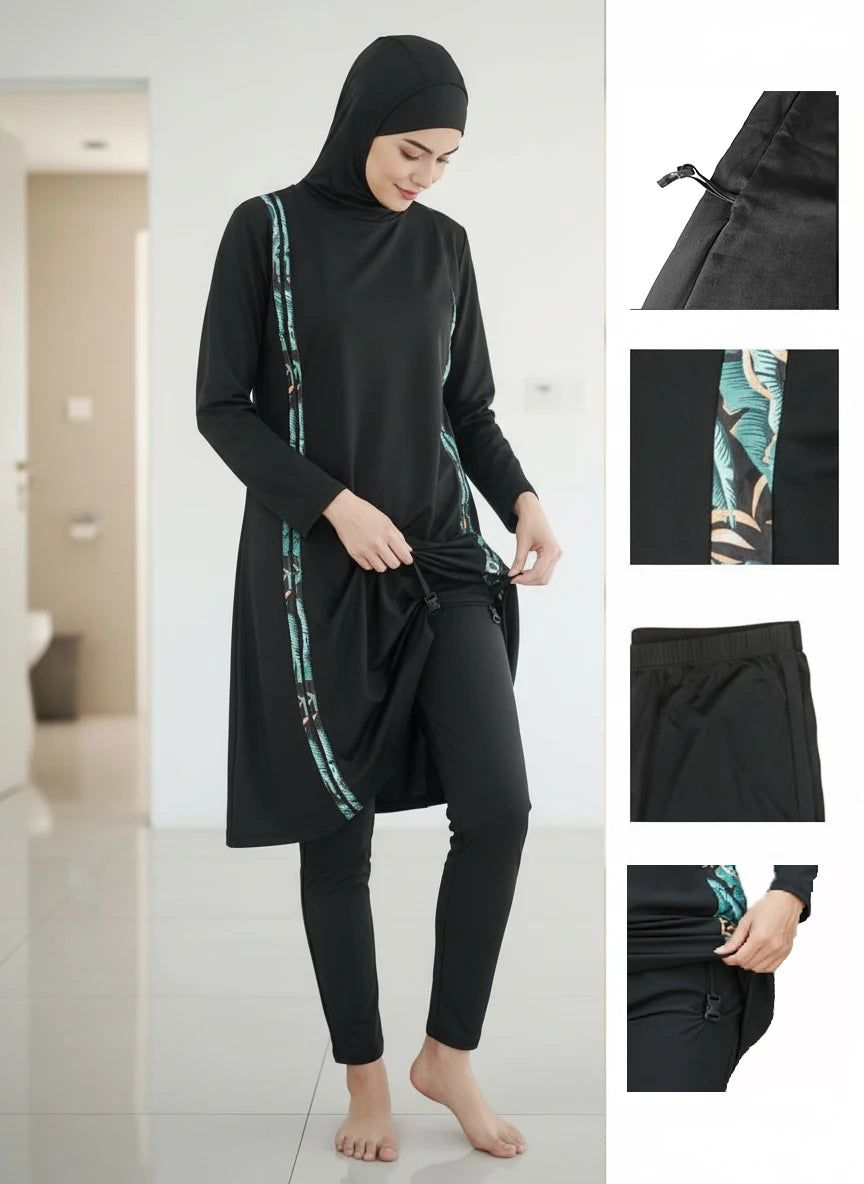3PCS Thin Style Sporty Muslim Swimwear Burkini Femmes Women Modest Swimsuit Bathing Suit Hijab Top Pant (No built-in Bra)