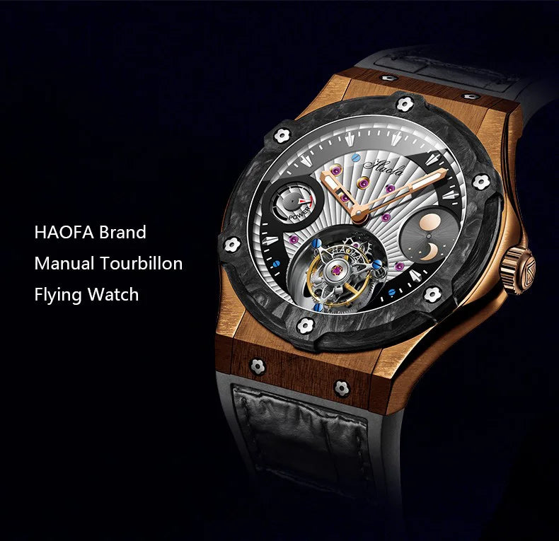 Haofa Manual Tourbillon Movement Watch for man Sapphire Mechanical Bronze Case Carbon Fiber Bezel Mens Watch Day And Night 1915T