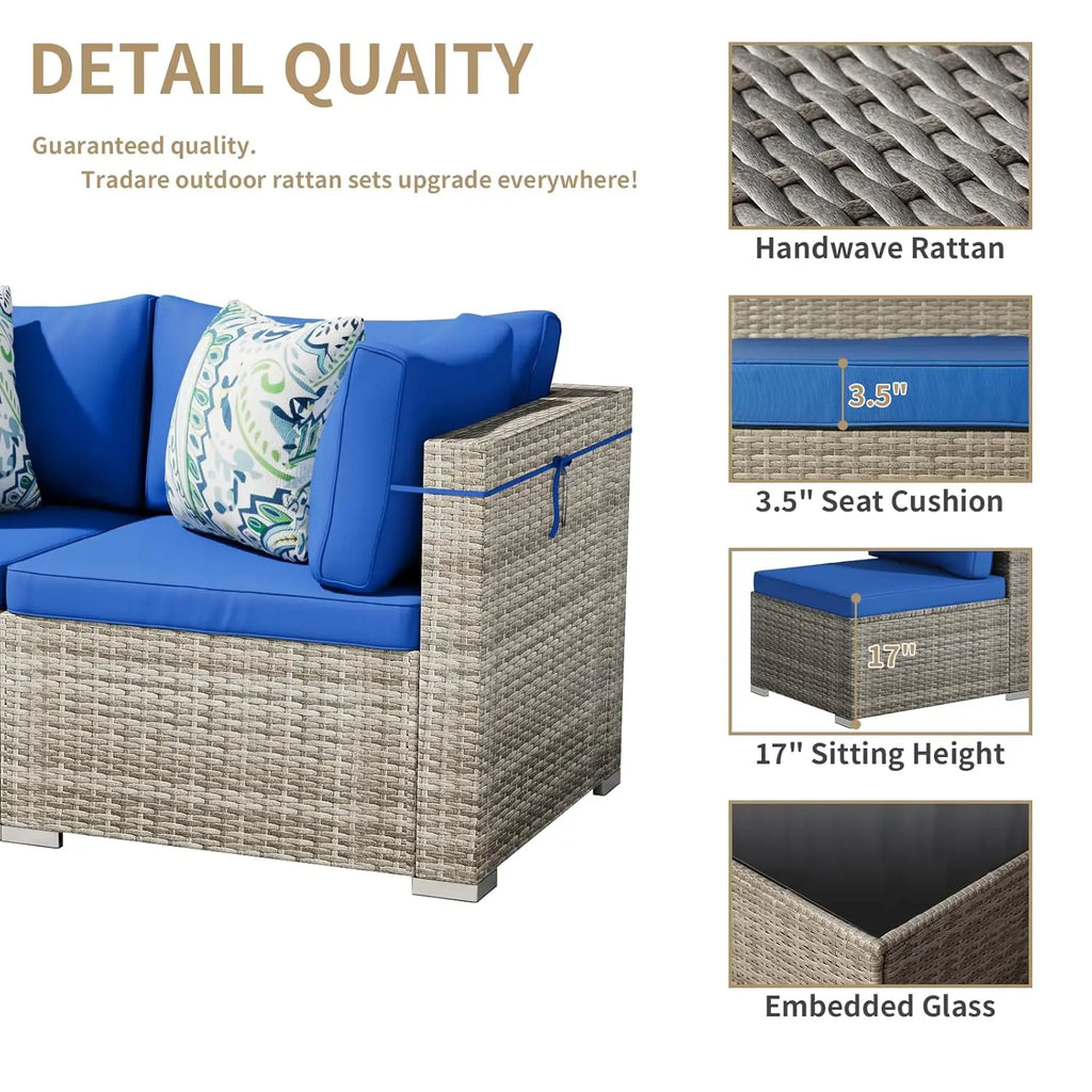 7 Piece Patio Furniture Set, Outdoor Wicker Patio Sofa Set, PE Rattan Sectional Couch with Glass Table and Blue, Customized