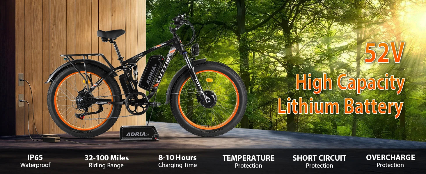 26 Dual Motor Electric Bike for Adults, 5000W Peak 210NM 40-46MPH Fast E-Bike, 52V 25AH Motorcycle, 32-90 Miles, 26