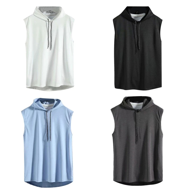 Mens Summer Sleeveless Drawstring Hooded for Tank Top Solid Color Gym Fitness Sports T-Shirt Hip Hop Loose Blouse Vest