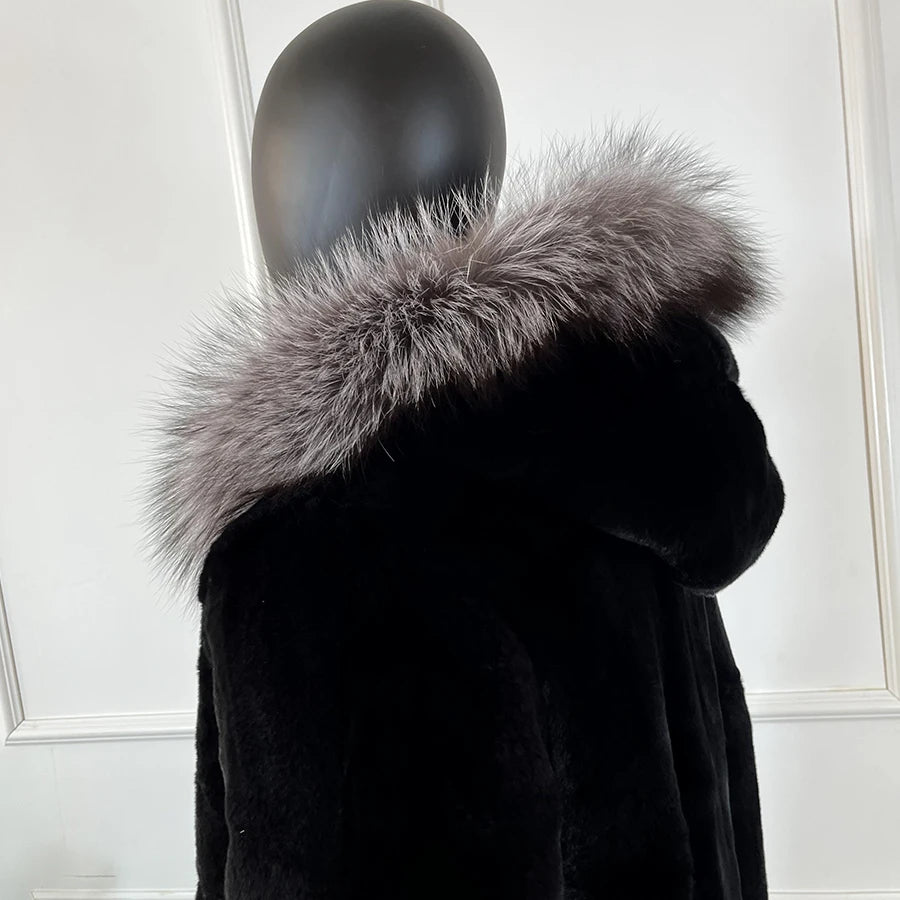 Men Rabbit Fur Coat Winter Short Real Rex Rabbit Fur Jacket With Hood Black Fur Coats Chinchilla Fur