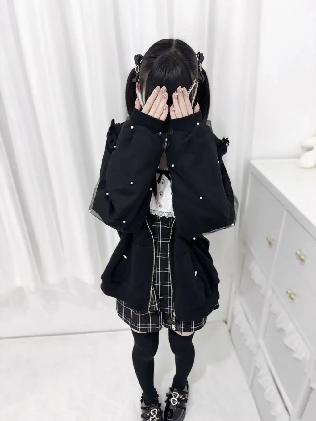 Japanese Pearl Gauze Patchwork Coats Women Y2k Aesthetic Lace Rabbit's Ears Jackets Casual Oversized Harajuku Kawaii Hoodies Top