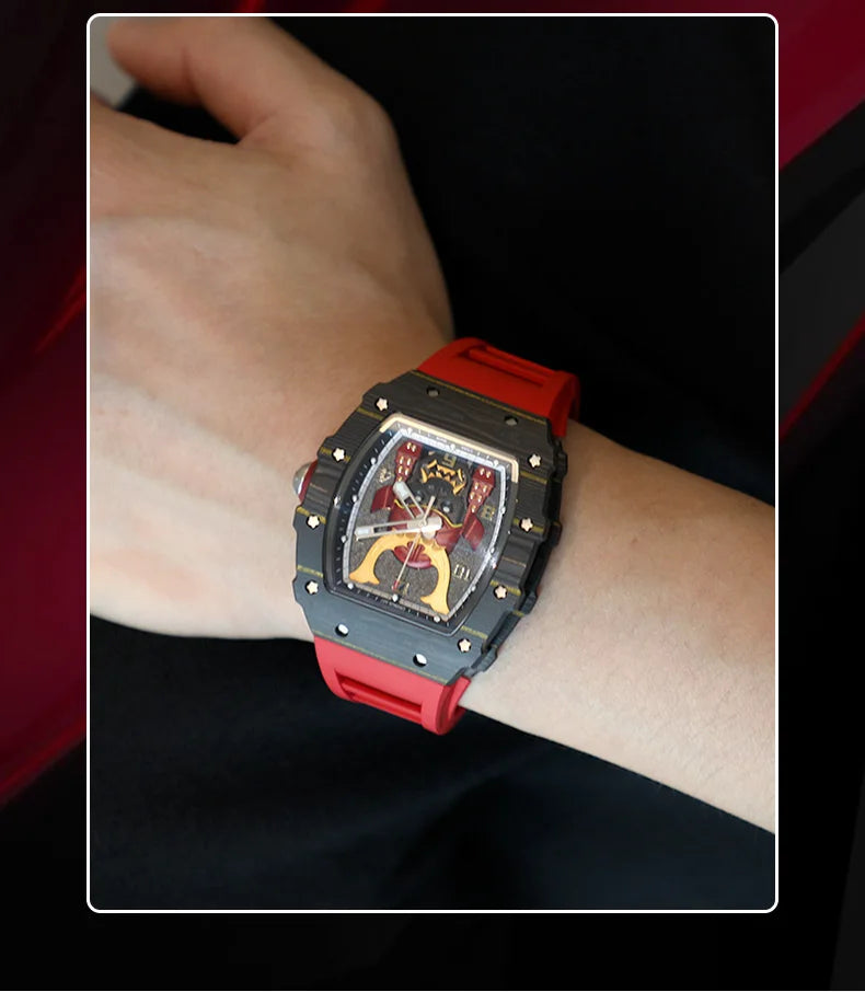 CRONUSART Men Automatic Watch Luxury Mechanical Wristwatch NTPT Carbon Fibre Tonneau Case Luminous Fluororubber Strap Skeleton