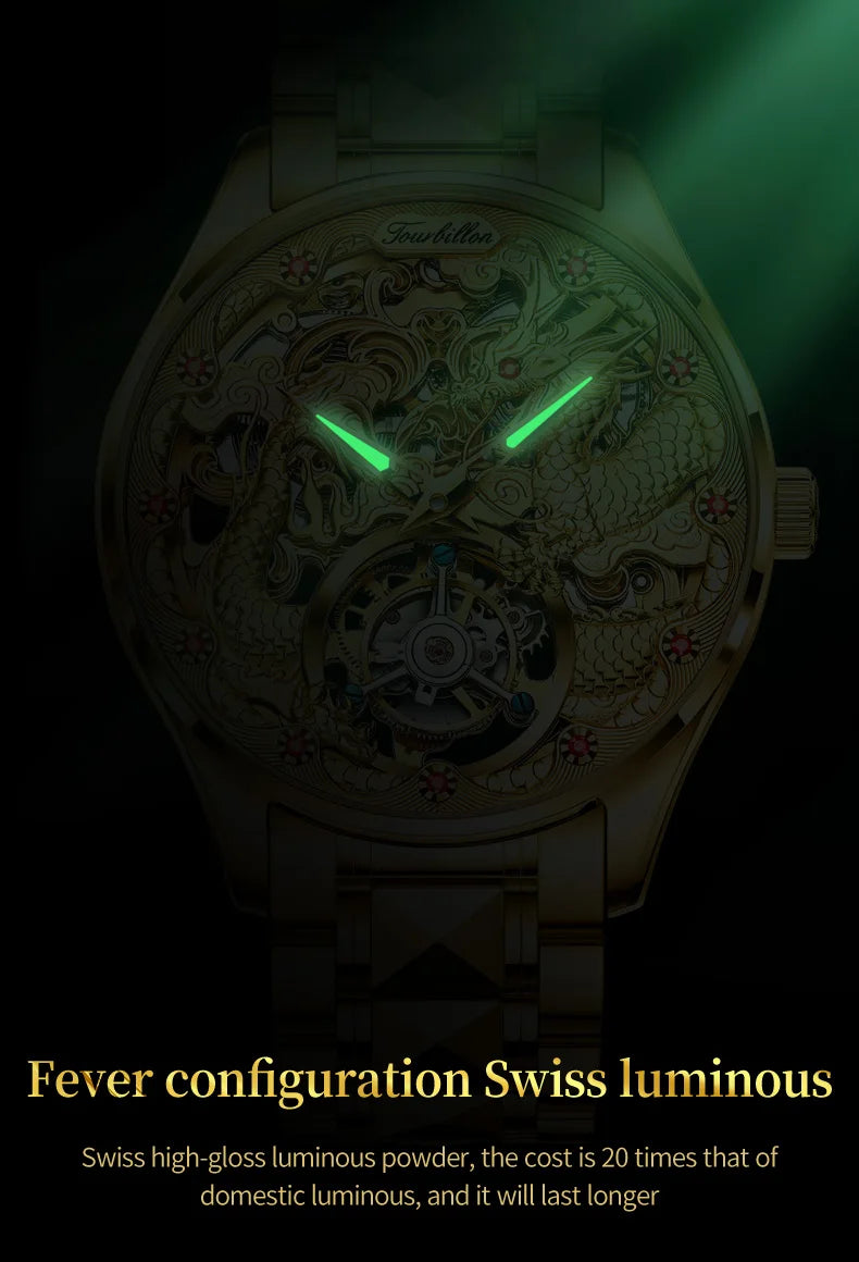 100% Golden Dragon OUPINKE 3176 True Tourbillon Watch Brand Luxury Tungsten Steel Men Automatic Mechanical Watch Reloj Hombre