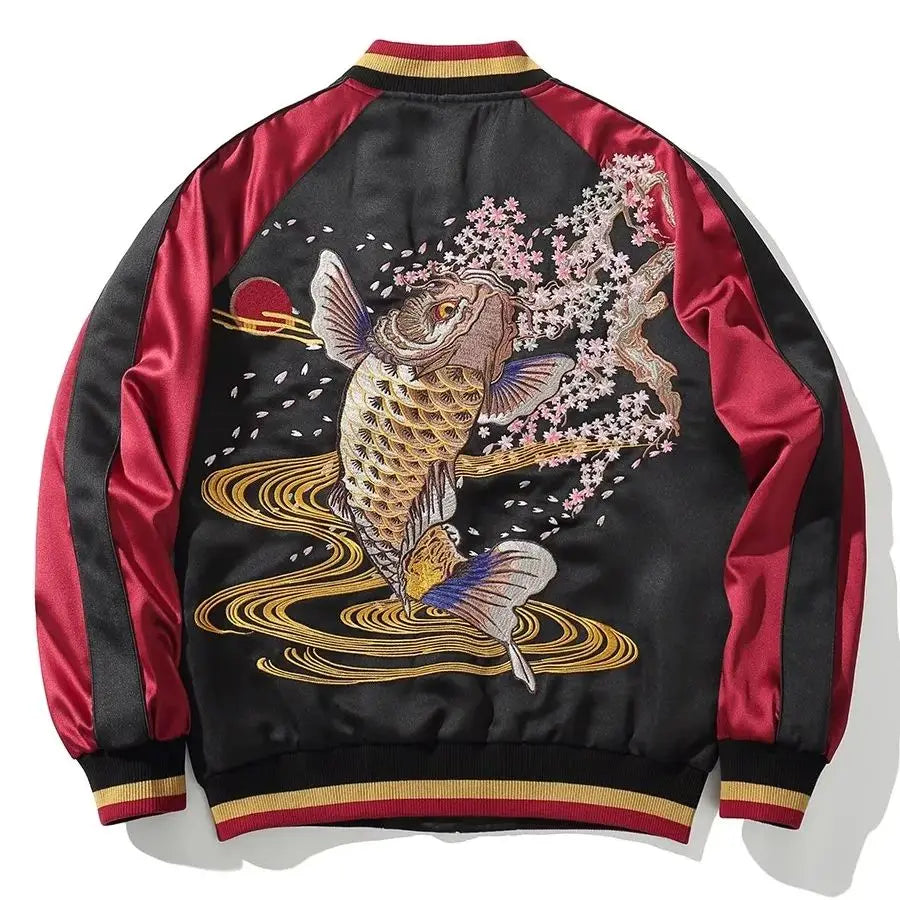 Red Black Cherry Blossoms Sakura Carp Embroidered Original Yokosuka Sukajan Souvenir Jackets