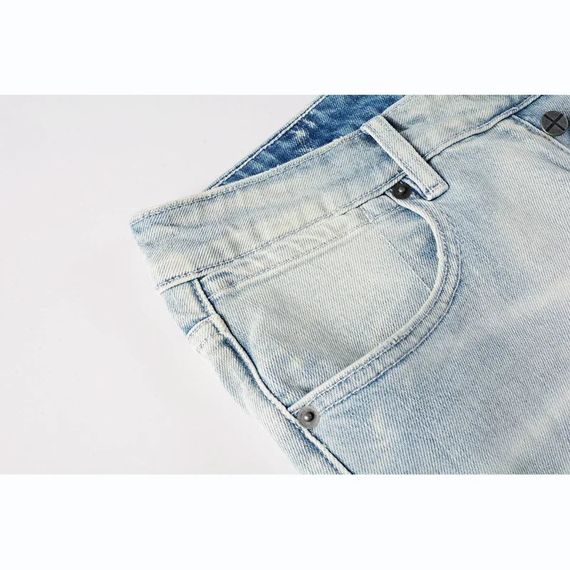 Men's High Street Distressed Light Indigo Stretch Skinny Button Fly Ripped Jeans Pants