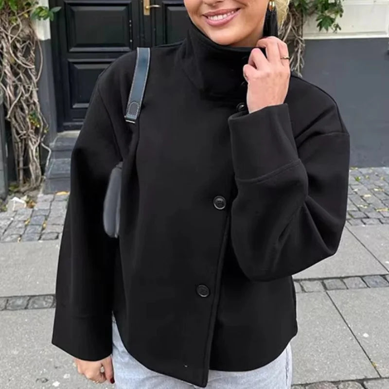 Urban Black Woolen Blend Coats Women Stand Collar Single-breasted Long Sleeve Thick Warm Jacket 2025 Autumn Winter Lady Outwear