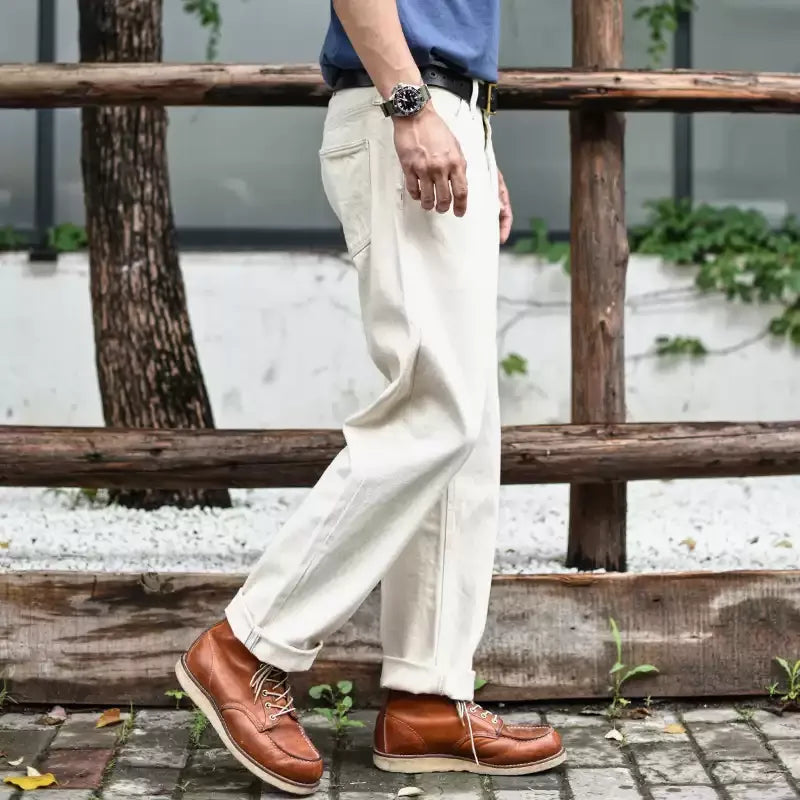 Sauce Zhan Mens Jeans Selvedge Denim White Jeans Regular Fit hight rise  14 Oz One Wash