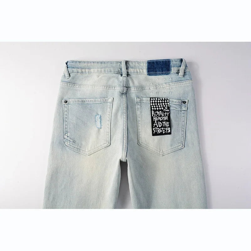 Men's High Street Distressed Light Indigo Stretch Skinny Button Fly Ripped Jeans Pants