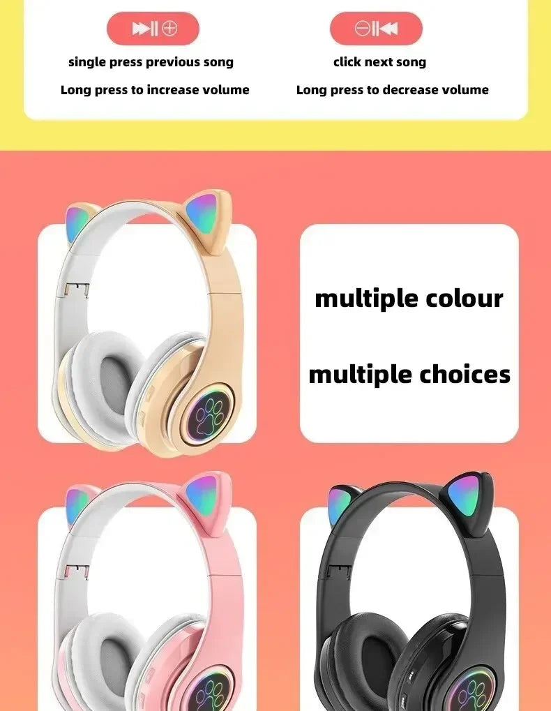 Cute Cat Wireless Headphones RGB Cute Cat Ears Headset With Microphone Noise Cancelling Kid Stereo Music Children's Gifts