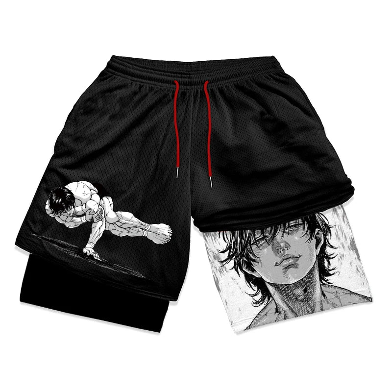 Anime Baki Hanma Gym Workout Shorts for Men Athletic Quick Dry 2 in 1 Compression Shorts Cosplay Costume