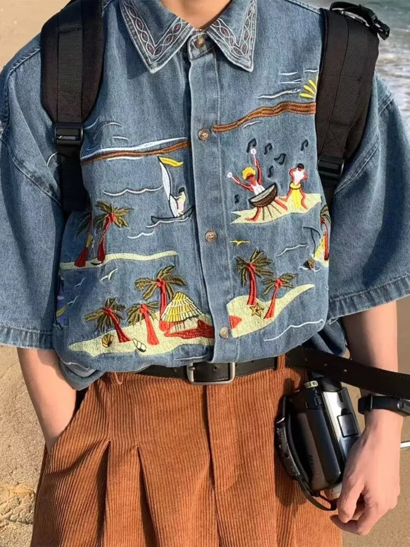 Retro American Cartoon Embroidery Denim Short Sleeve Shirt Loose Casual Summer Thin Neutral Style Men Women Outerwear