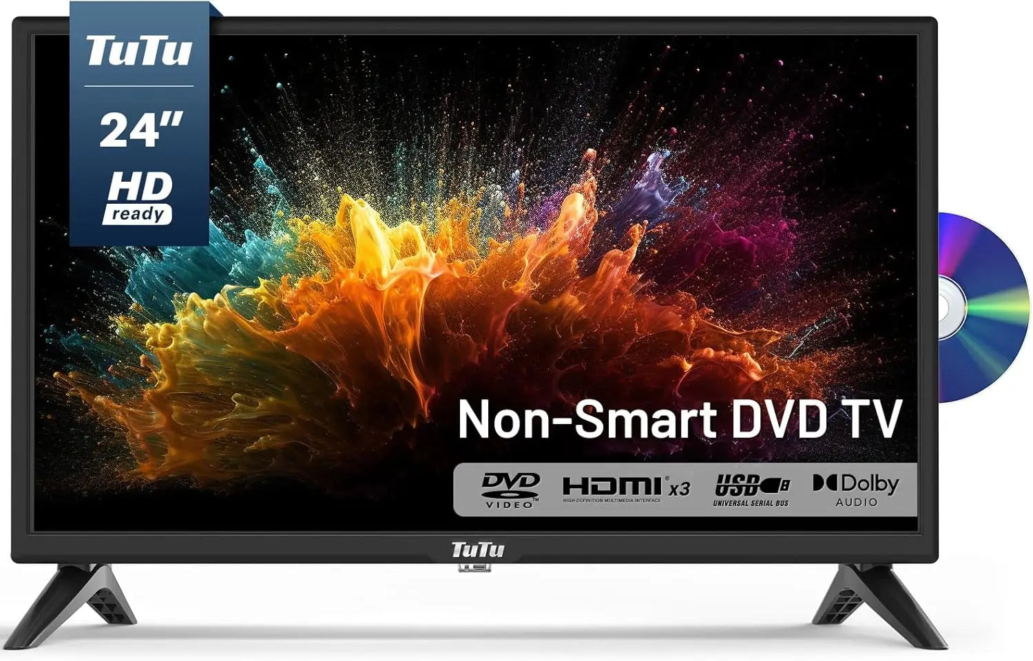 24 Inch TV with DVD Player Built-in, 720P HD LED Small Flat Screen TV with 3 HDMI, USB, Optical VGA, Non-Smart TV or Monitor