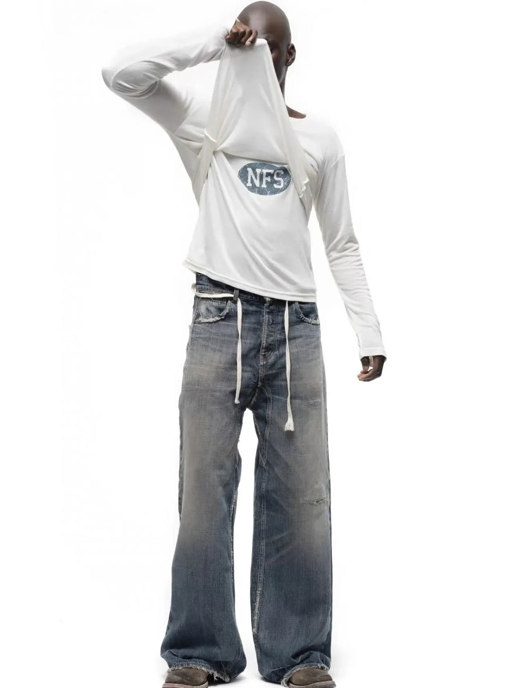 No faith studios washed pussy whiskers made old handmade ripped loose wide legs light blue jeans