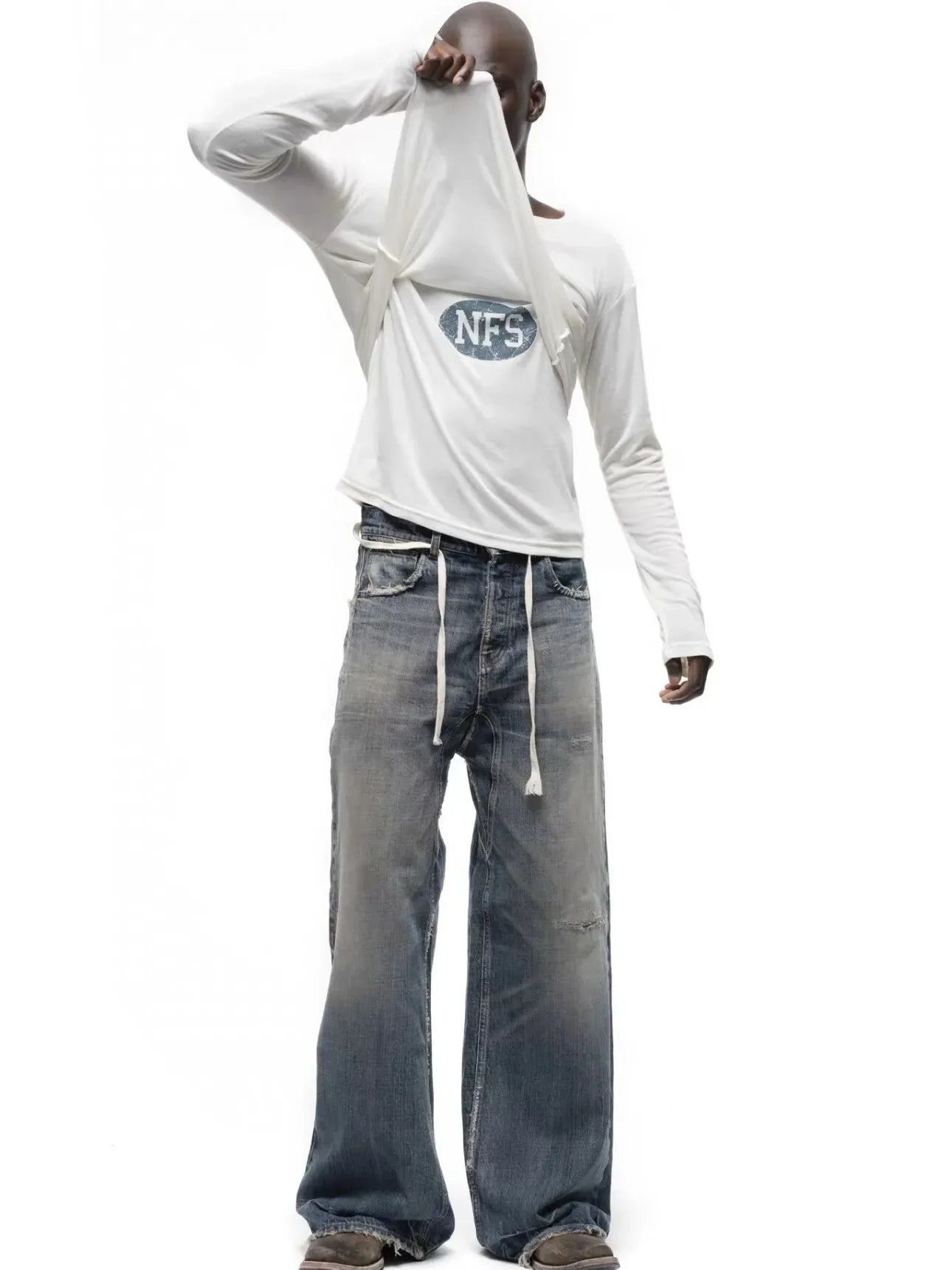 No faith studios washed pussy whiskers made old handmade ripped loose wide legs light blue jeans
