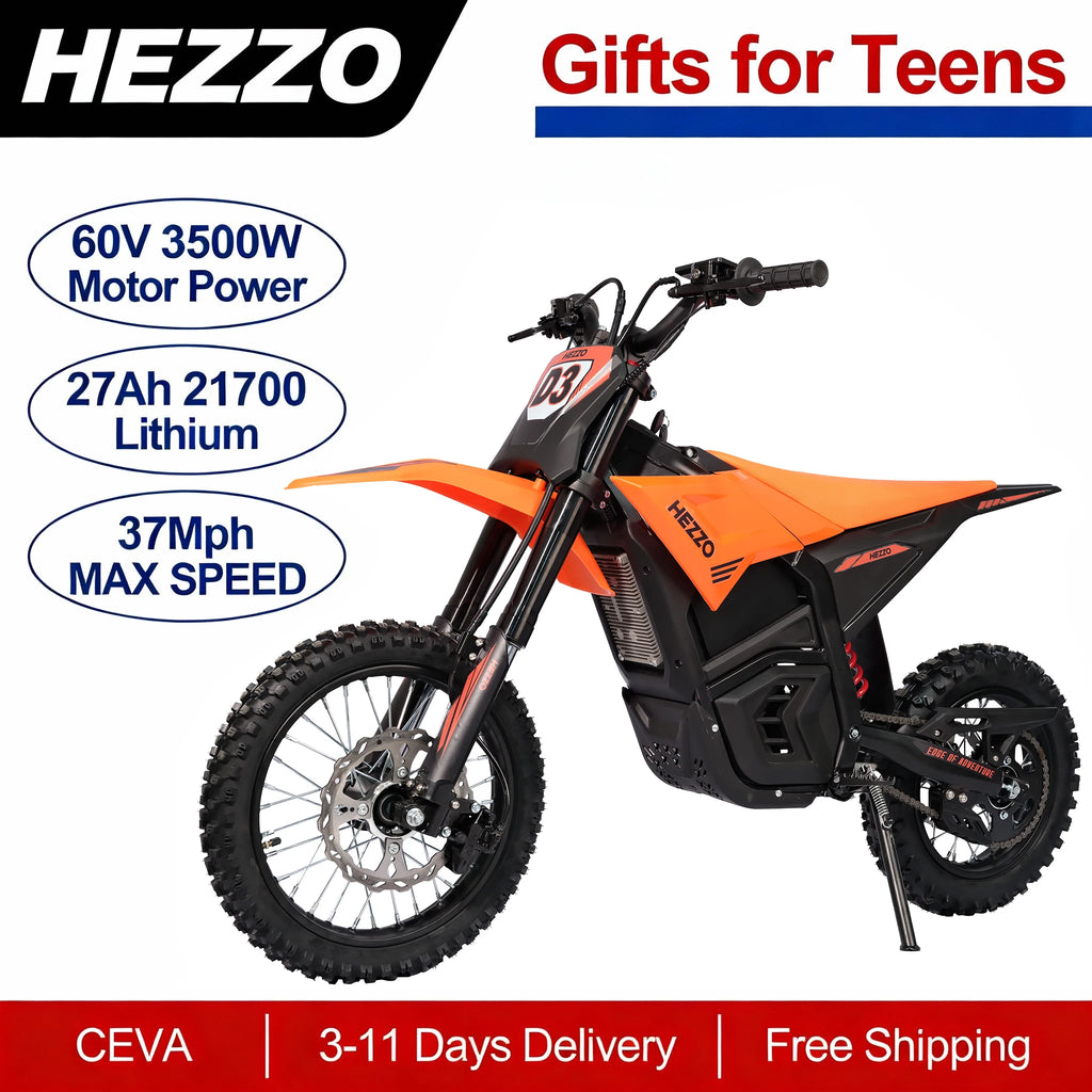HEZZO D3 60V 3500W Electric Dirt Bike For Teens - 50MPH With Hydraulic Brake Vibrant Orange High Performance Motocross E-Bike