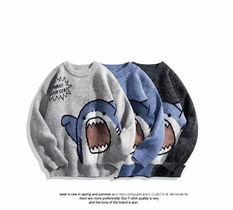 Autumn/Winter Japanese Cartoon Shark Round Neck Couple Sweater Men's Trendy Brand Loose-Fit Korean Knitted Top Hong Kong Style