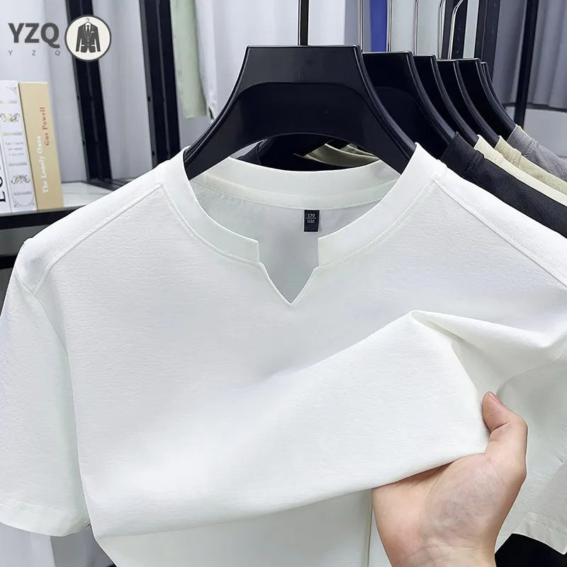 Korean Men's Short Sleeve V-Neck T-Shirt Solid Color Casual Fashion Comfortable Summer Versatile Solid Top