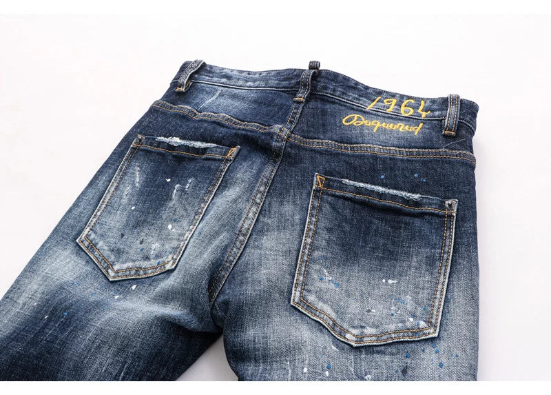 Latest designer fashion new men's jeans, washed, vintage painted embroidery, stretchy slim fit hombre