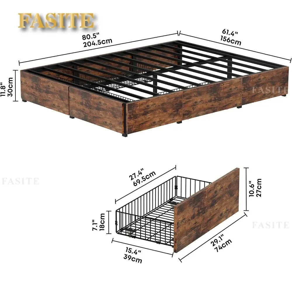 Queen Size Bed Frame, 4 Drawers And Heavy Strong Metal Support Frames
