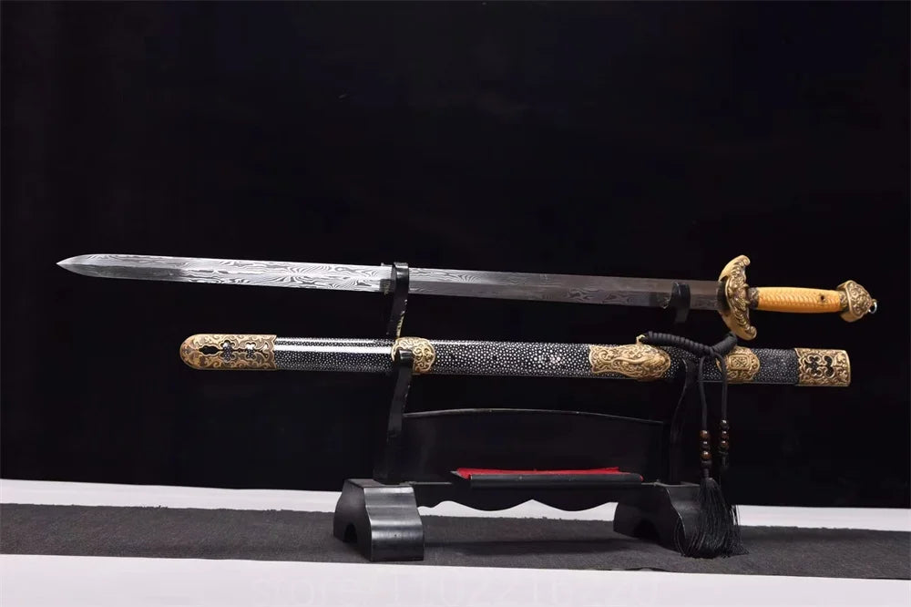 Real Kungfu Battle Sword Damascus Steel Blade Sword Chinese Qing Dynasty Jian Room Decoration Copper Parts Wrap Rayskin Sheath