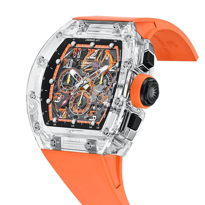 CRONUSART Men Chronograph Watch Tonneau Mechanical Wristwatch Sapphire Case & Mirror Luminous FKM Strap Skeleton Dial