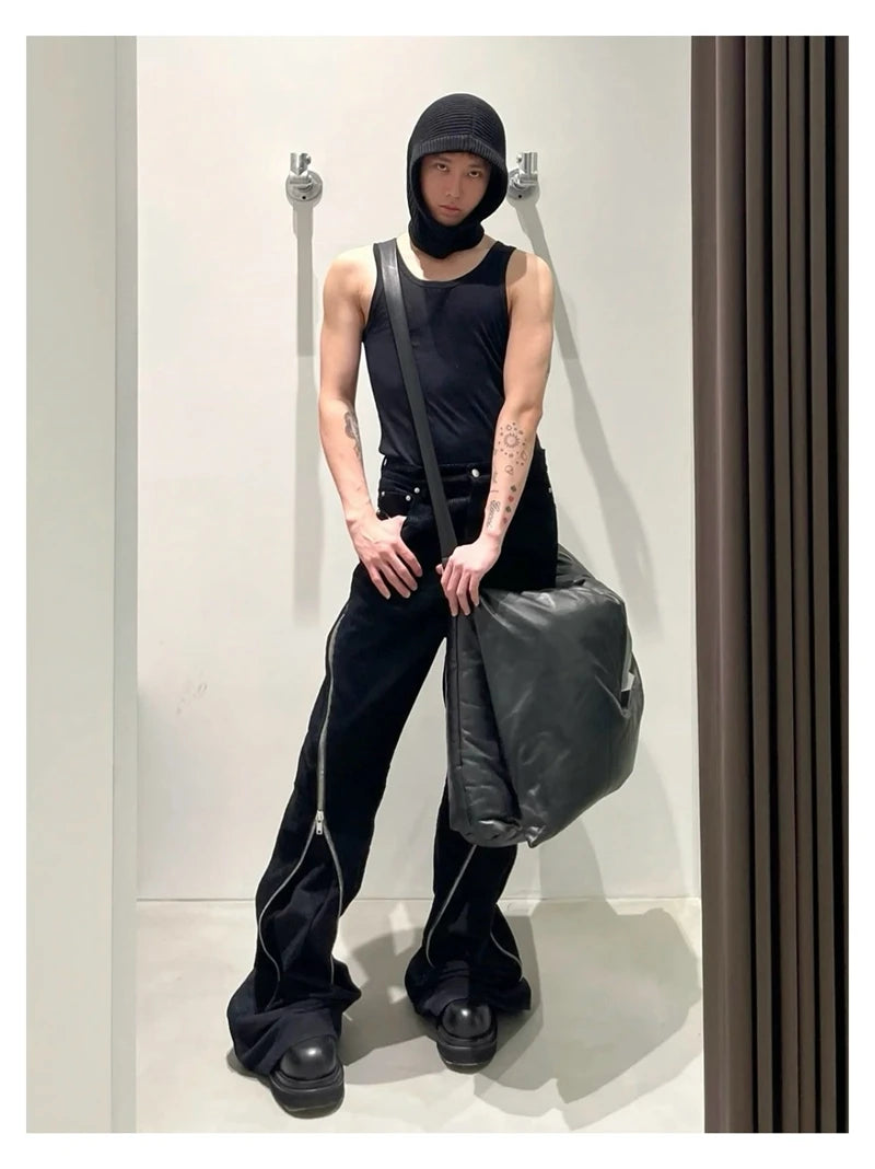 High Street RO Style Jeans Pants Men's Five Star Mang Ribbon Rotating Large Zipper Floor Pulling Horn Denim Streetwear Pants