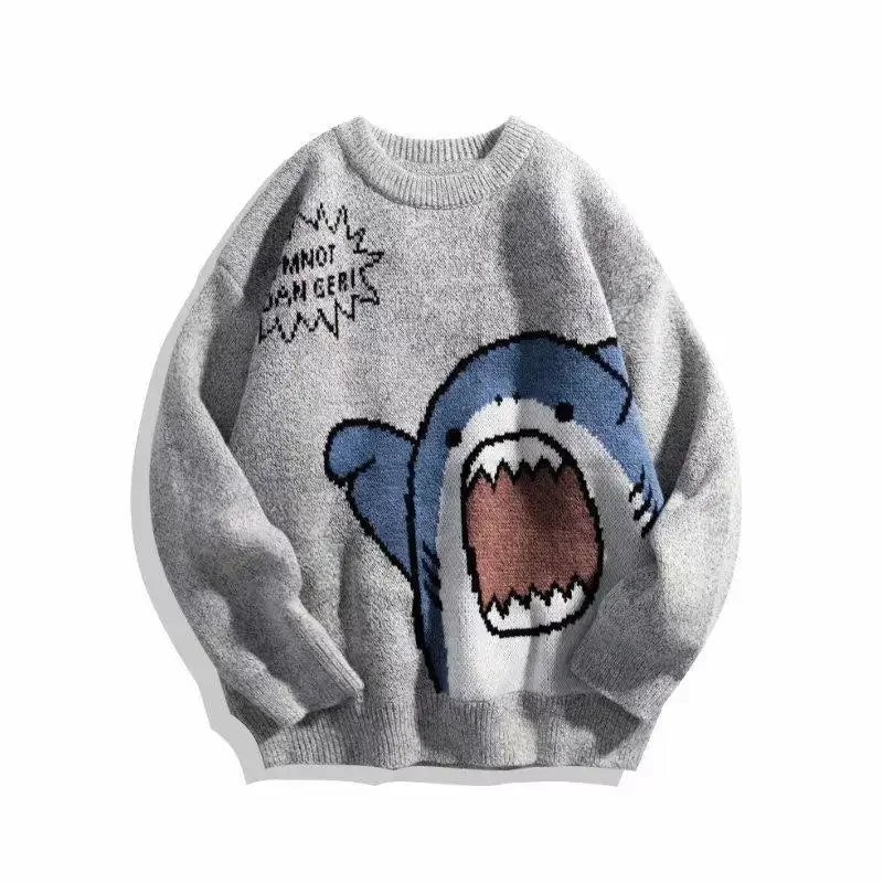 Autumn/Winter Japanese Cartoon Shark Round Neck Couple Sweater Men's Trendy Brand Loose-Fit Korean Knitted Top Hong Kong Style