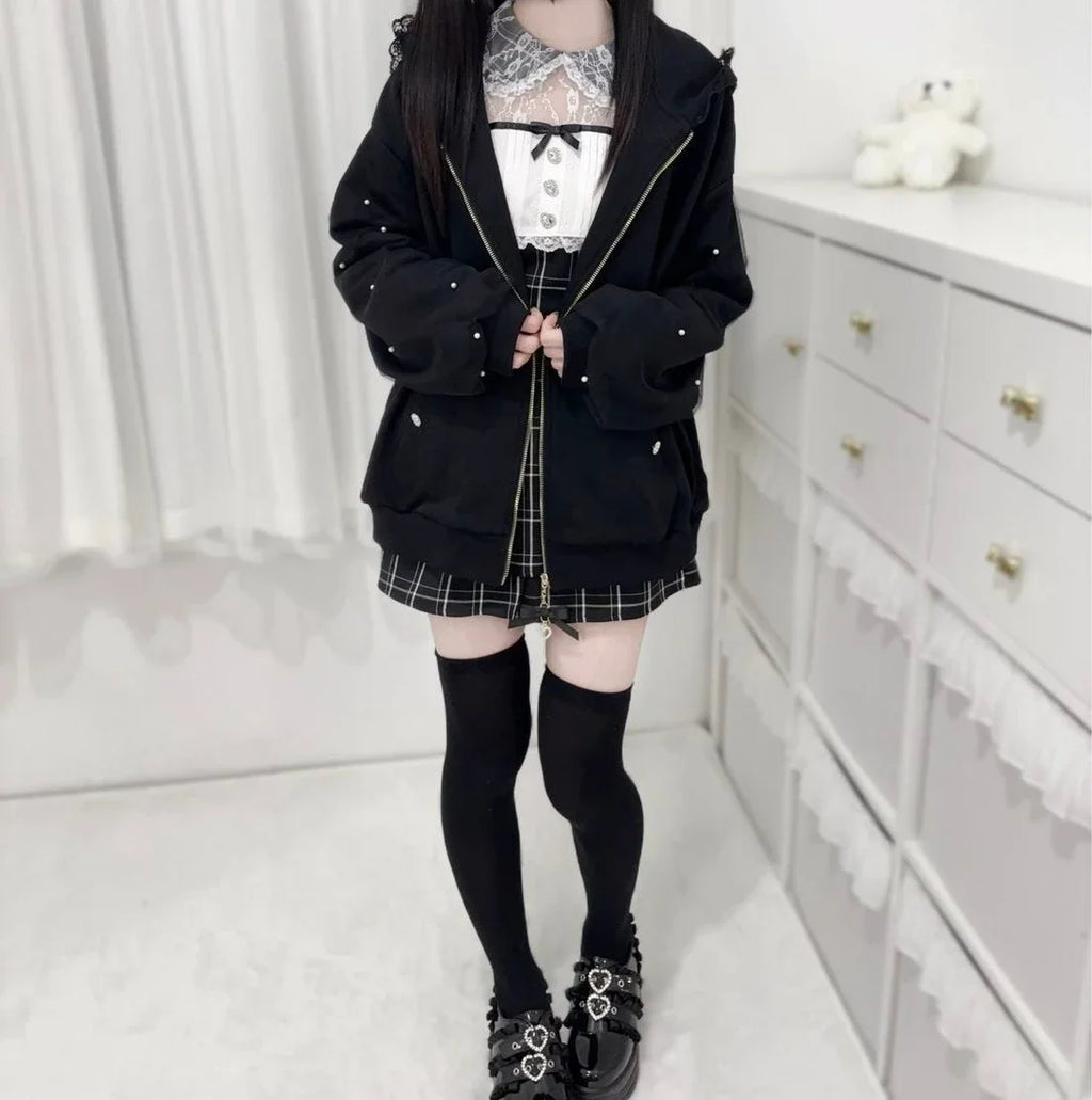 Japanese Pearl Gauze Patchwork Coats Women Y2k Aesthetic Lace Rabbit's Ears Jackets Casual Oversized Harajuku Kawaii Hoodies Top