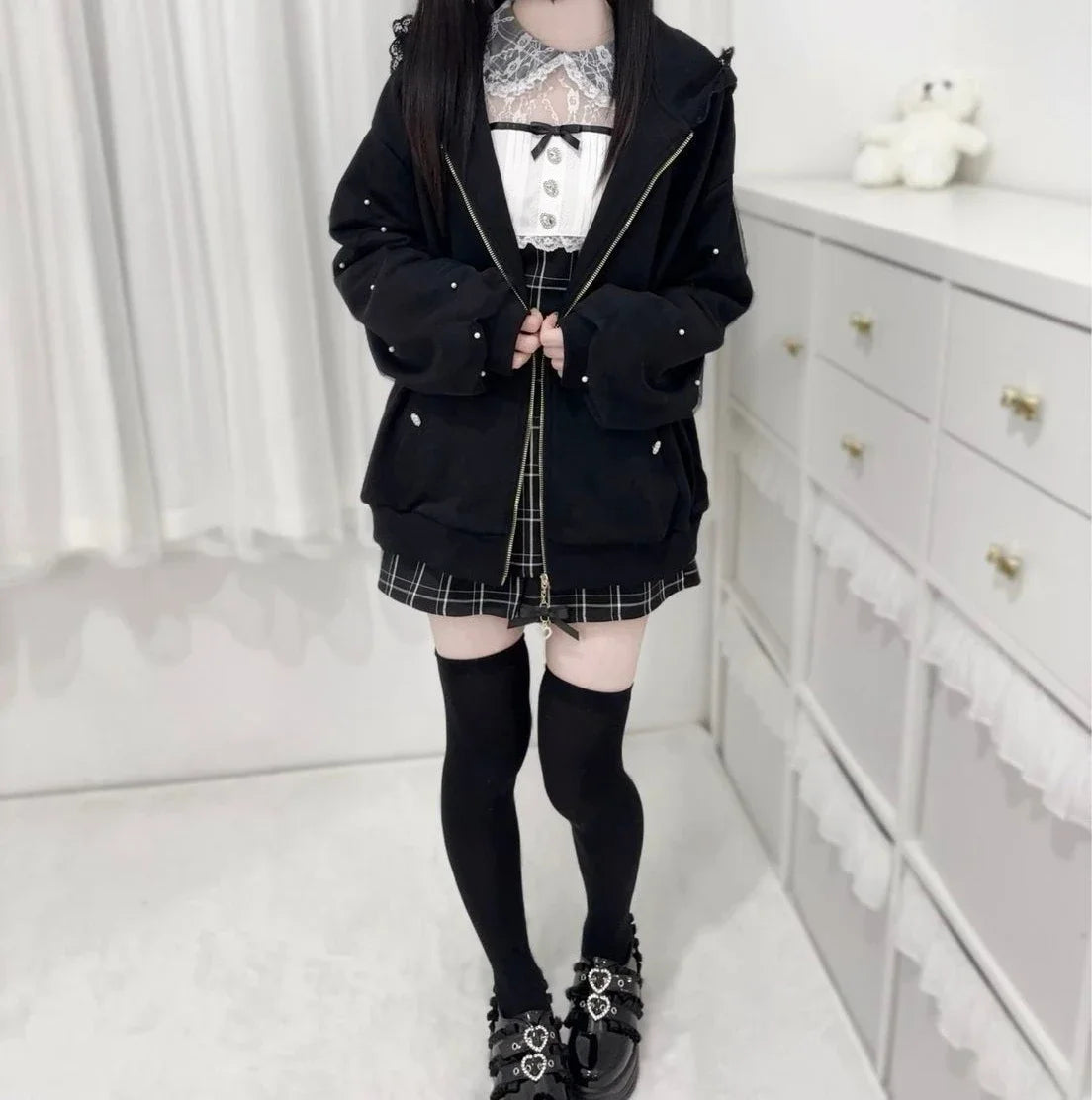 Japanese Pearl Gauze Patchwork Coats Women Y2k Aesthetic Lace Rabbit's Ears Jackets Casual Oversized Harajuku Kawaii Hoodies Top