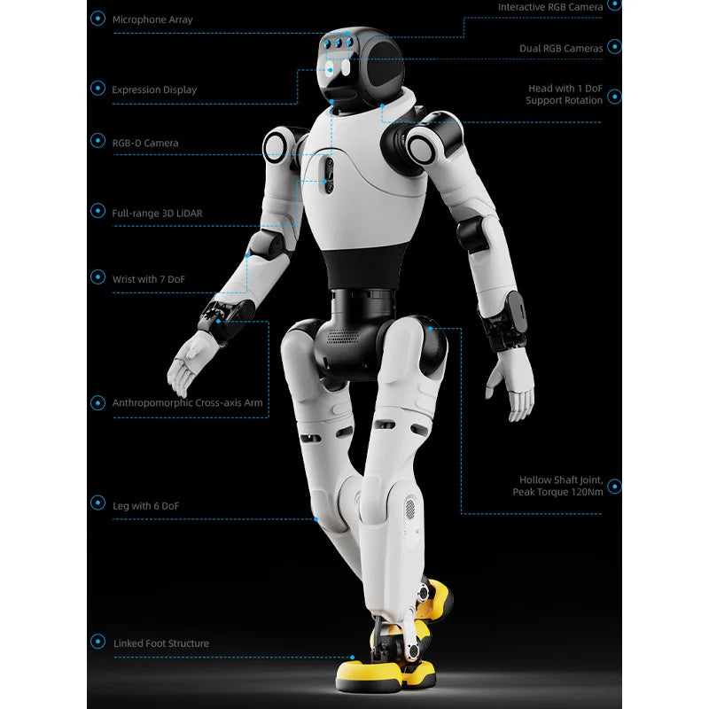 Humanoid robot with hot swappable 500Wh battery and optional charging station for continuous daily operation