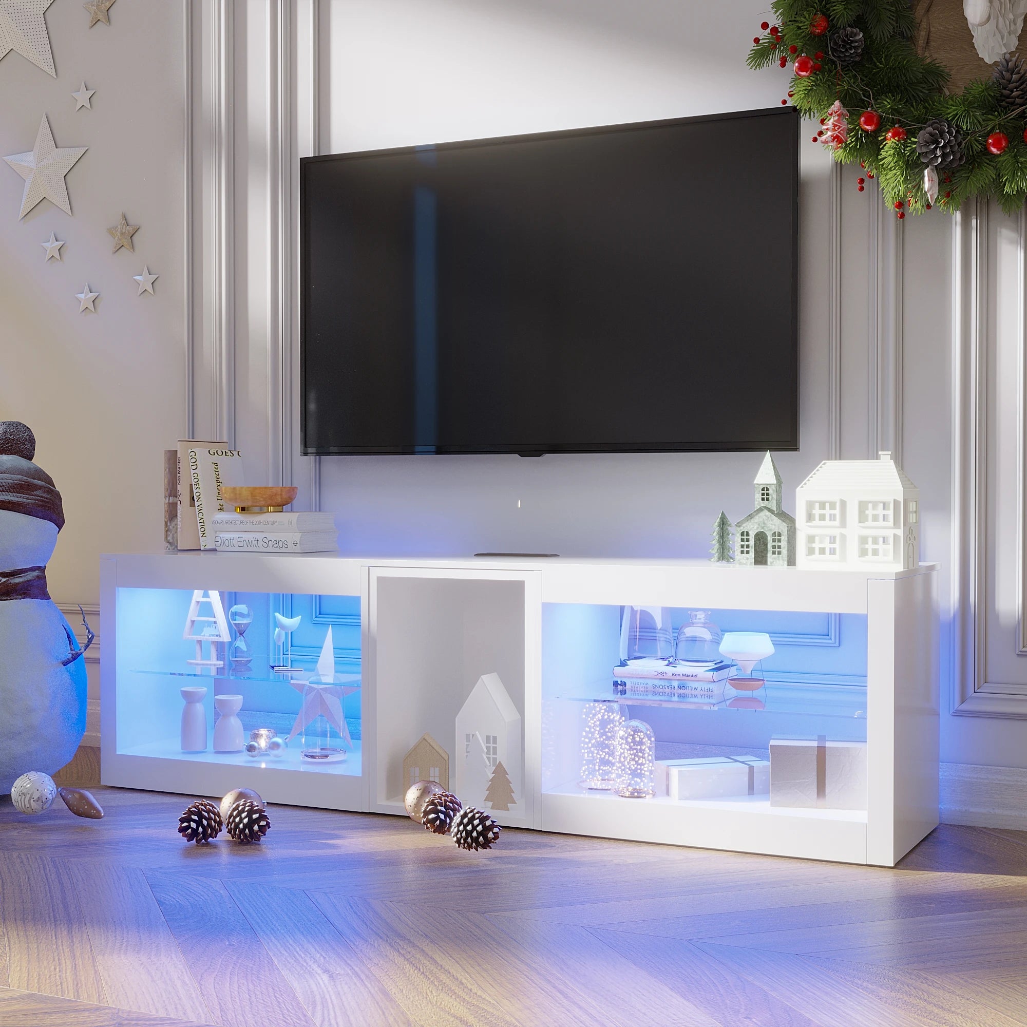 63" LED TV Stand for Televisions up to 70In, TV Cabinet with Adjustable Glass Storage Shelves, Modern LED Entertainment Center