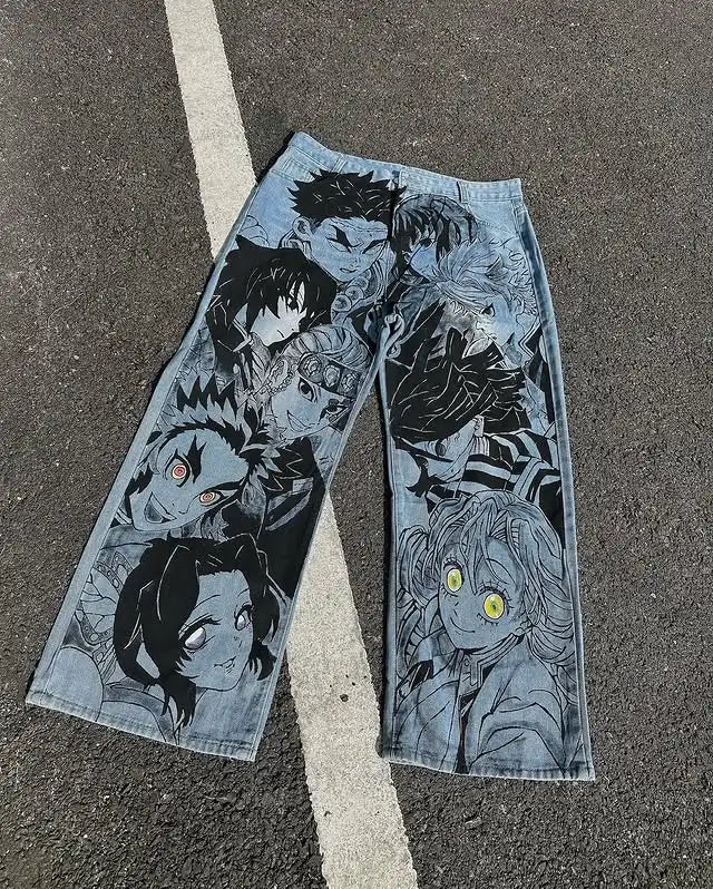 Gothic Japanese Retro Washed Anime Jeans Y2K Clothes Mens Anime Cartoon Character Pattern Baggy Jeans Mid Rise Wide Leg Trousers