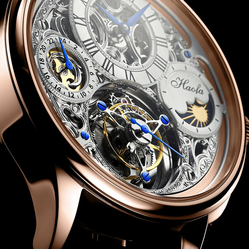 Haofa GMT Flying Tourbillon Mechanical Man Watch Skeleton Tourbillon Movement Luxury Moon Phase Watches for man Hollow 1035