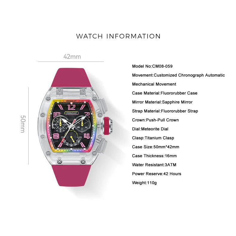 CRONUSART Men Automatic Watch 50mm Tonneau Chronograph Mechanical Wristwatch 5ATM Luminous Sapphire Case & Mirror Meteorite Dial