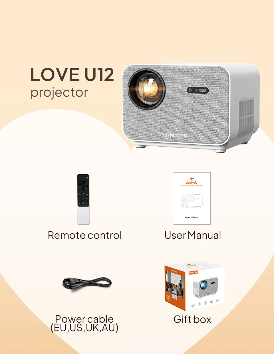 BYINTEK LOVE U12 Full HD 1080P Projector 4K 800 ANSI Android WiFi 6 Auto Focus Home Theater Projectors for Movie Meeting Video